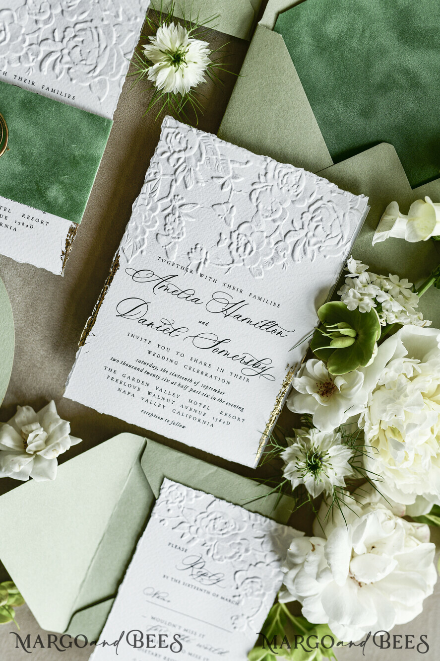 WEDDING INVITATIONS embossed invites  Bespoke Embossed Blind Sage green Gold Wedding Invitation, Golden greenery deboss Roses Floral Wedding Invitation, Boho Ecru Garden Debossed Invitation suite,  Cotton paper wedding invitation suite, Deckled Edge Invites, Torn Edge Wedding Invitations golden