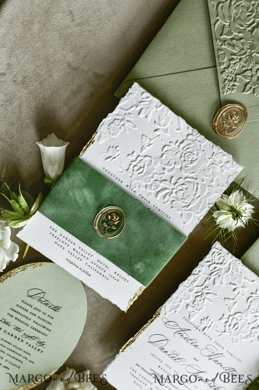 WEDDING INVITATIONS embossed invites  Bespoke Embossed Blind Sage green Gold Wedding Invitation, Golden greenery deboss Roses Floral Wedding Invitation, Boho Ecru Garden Debossed Invitation suite,  Cotton paper wedding invitation suite, Deckled Edge Invites, Torn Edge Wedding Invitations golden