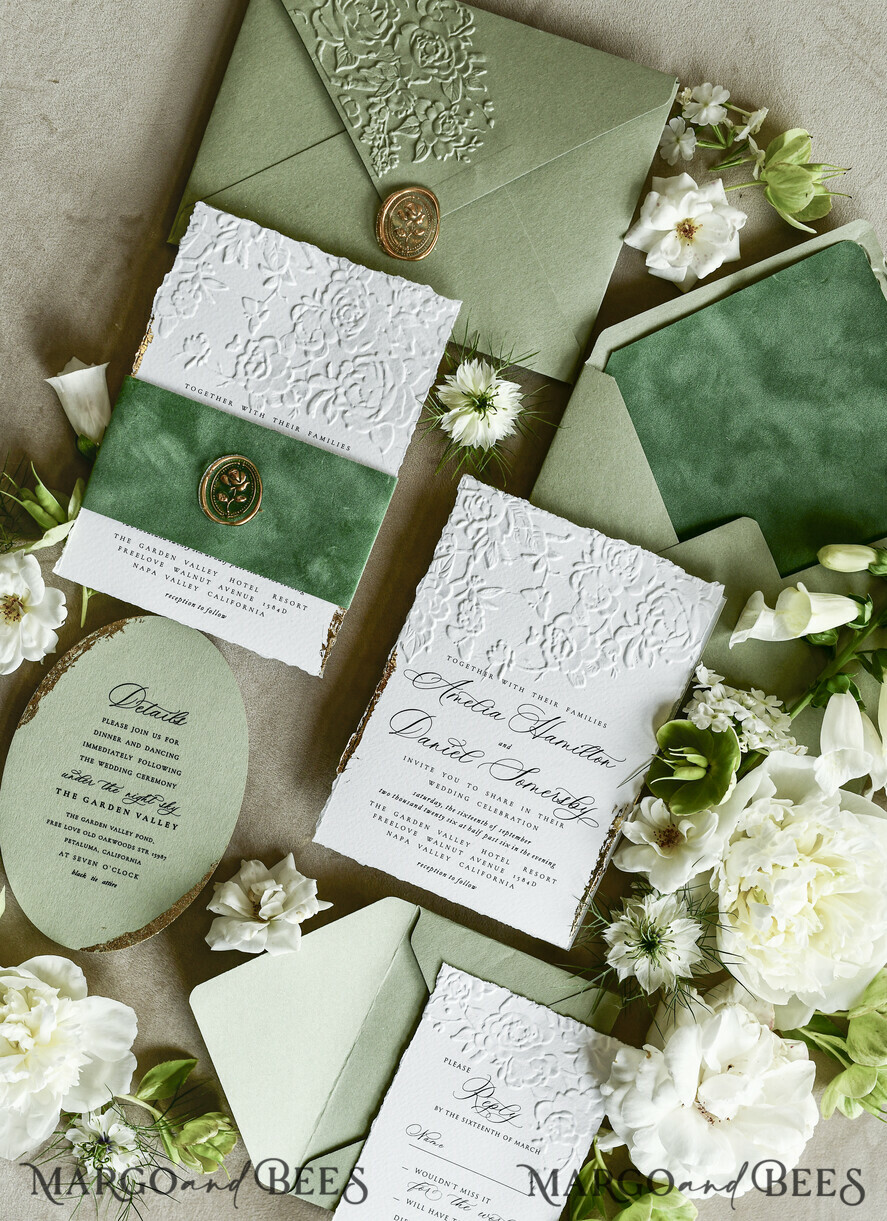 WEDDING INVITATIONS embossed invites  Bespoke Embossed Blind Sage green Gold Wedding Invitation, Golden greenery deboss Roses Floral Wedding Invitation, Boho Ecru Garden Debossed Invitation suite,  Cotton paper wedding invitation suite, Deckled Edge Invites, Torn Edge Wedding Invitations golden
