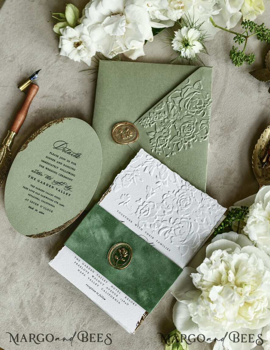 WEDDING INVITATIONS embossed invites  Bespoke Embossed Blind Sage green Gold Wedding Invitation, Golden greenery deboss Roses Floral Wedding Invitation, Boho Ecru Garden Debossed Invitation suite,  Cotton paper wedding invitation suite, Deckled Edge Invites, Torn Edge Wedding Invitations golden