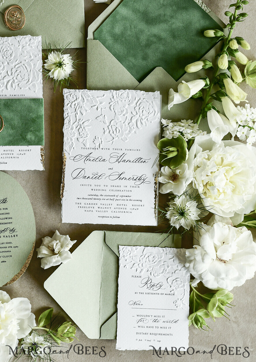 WEDDING INVITATIONS embossed invites  Bespoke Embossed Blind Sage green Gold Wedding Invitation, Golden greenery deboss Roses Floral Wedding Invitation, Boho Ecru Garden Debossed Invitation suite,  Cotton paper wedding invitation suite, Deckled Edge Invites, Torn Edge Wedding Invitations golden