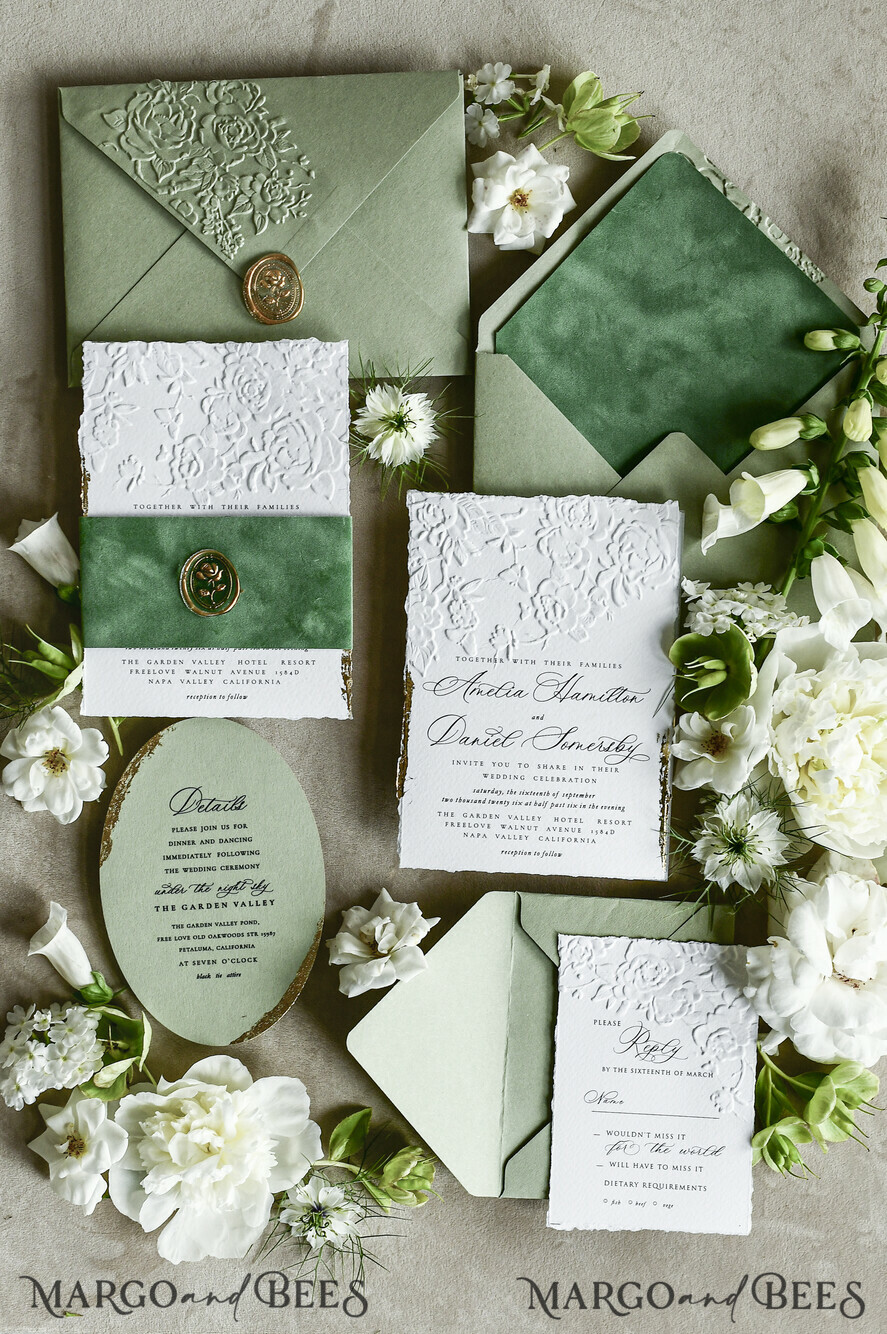 WEDDING INVITATIONS embossed invites  Bespoke Embossed Blind Sage green Gold Wedding Invitation, Golden greenery deboss Roses Floral Wedding Invitation, Boho Ecru Garden Debossed Invitation suite,  Cotton paper wedding invitation suite, Deckled Edge Invites, Torn Edge Wedding Invitations golden