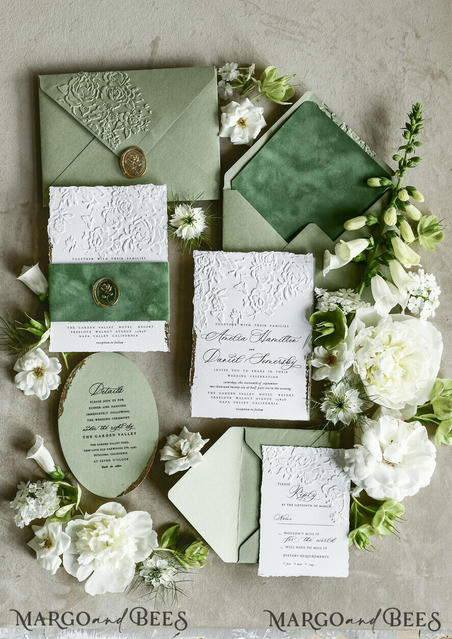 WEDDING INVITATIONS embossed invites  Bespoke Embossed Blind Sage green Gold Wedding Invitation, Golden greenery deboss Roses Floral Wedding Invitation, Boho Ecru Garden Debossed Invitation suite,  Cotton paper wedding invitation suite, Deckled Edge Invites, Torn Edge Wedding Invitations golden