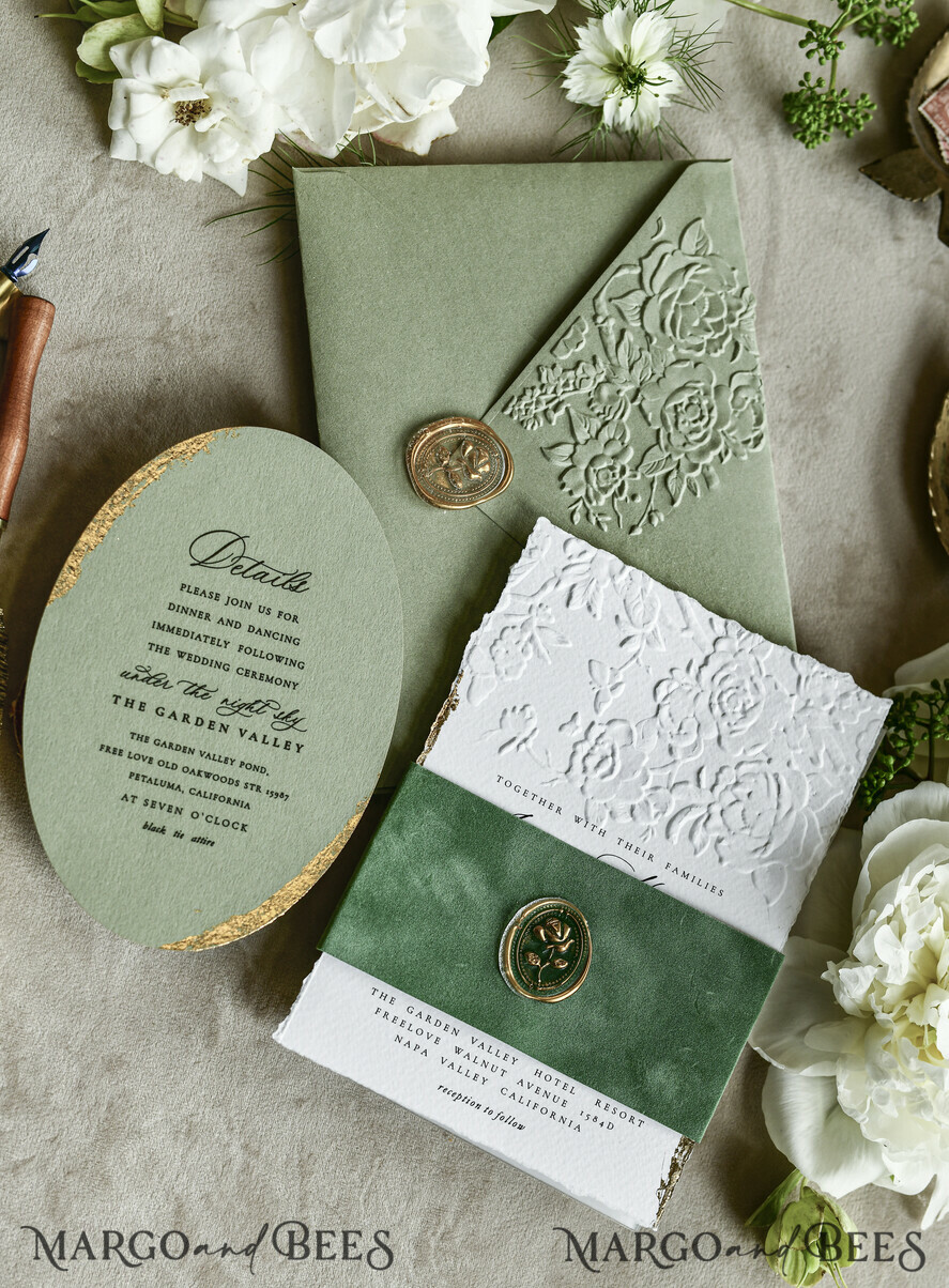 WEDDING INVITATIONS embossed invites  Bespoke Embossed Blind Sage green Gold Wedding Invitation, Golden greenery deboss Roses Floral Wedding Invitation, Boho Ecru Garden Debossed Invitation suite,  Cotton paper wedding invitation suite, Deckled Edge Invites, Torn Edge Wedding Invitations golden