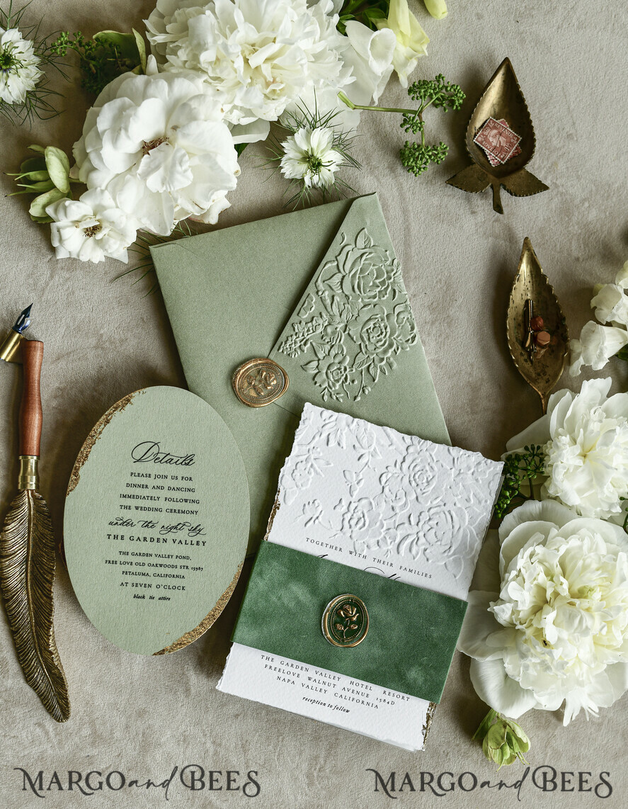 WEDDING INVITATIONS embossed invites  Bespoke Embossed Blind Sage green Gold Wedding Invitation, Golden greenery deboss Roses Floral Wedding Invitation, Boho Ecru Garden Debossed Invitation suite,  Cotton paper wedding invitation suite, Deckled Edge Invites, Torn Edge Wedding Invitations golden