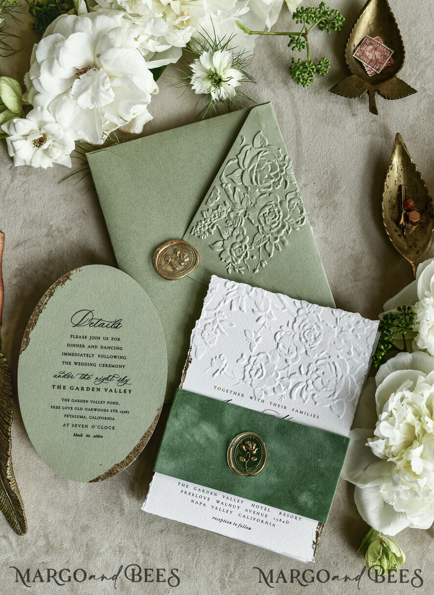 WEDDING INVITATIONS embossed invites  Bespoke Embossed Blind Sage green Gold Wedding Invitation, Golden greenery deboss Roses Floral Wedding Invitation, Boho Ecru Garden Debossed Invitation suite,  Cotton paper wedding invitation suite, Deckled Edge Invites, Torn Edge Wedding Invitations golden