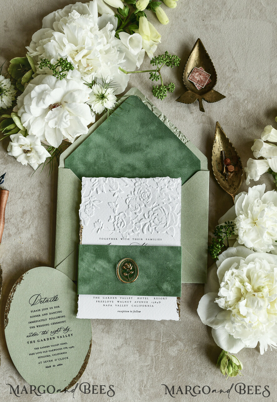 WEDDING INVITATIONS embossed invites  Bespoke Embossed Blind Sage green Gold Wedding Invitation, Golden greenery deboss Roses Floral Wedding Invitation, Boho Ecru Garden Debossed Invitation suite,  Cotton paper wedding invitation suite, Deckled Edge Invites, Torn Edge Wedding Invitations golden
