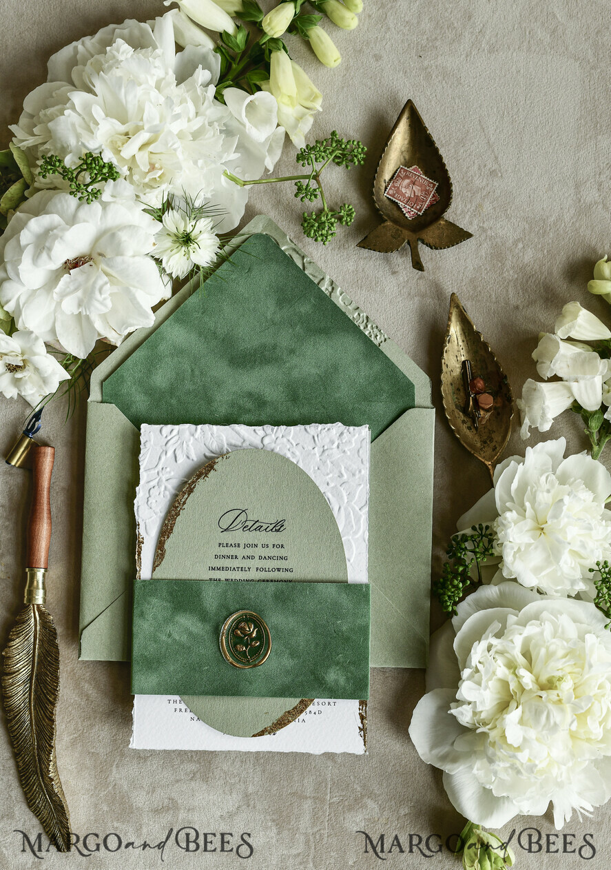 WEDDING INVITATIONS embossed invites  Bespoke Embossed Blind Sage green Gold Wedding Invitation, Golden greenery deboss Roses Floral Wedding Invitation, Boho Ecru Garden Debossed Invitation suite,  Cotton paper wedding invitation suite, Deckled Edge Invites, Torn Edge Wedding Invitations golden