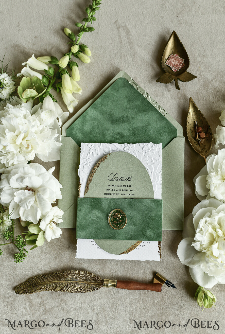 WEDDING INVITATIONS embossed invites  Bespoke Embossed Blind Sage green Gold Wedding Invitation, Golden greenery deboss Roses Floral Wedding Invitation, Boho Ecru Garden Debossed Invitation suite,  Cotton paper wedding invitation suite, Deckled Edge Invites, Torn Edge Wedding Invitations golden