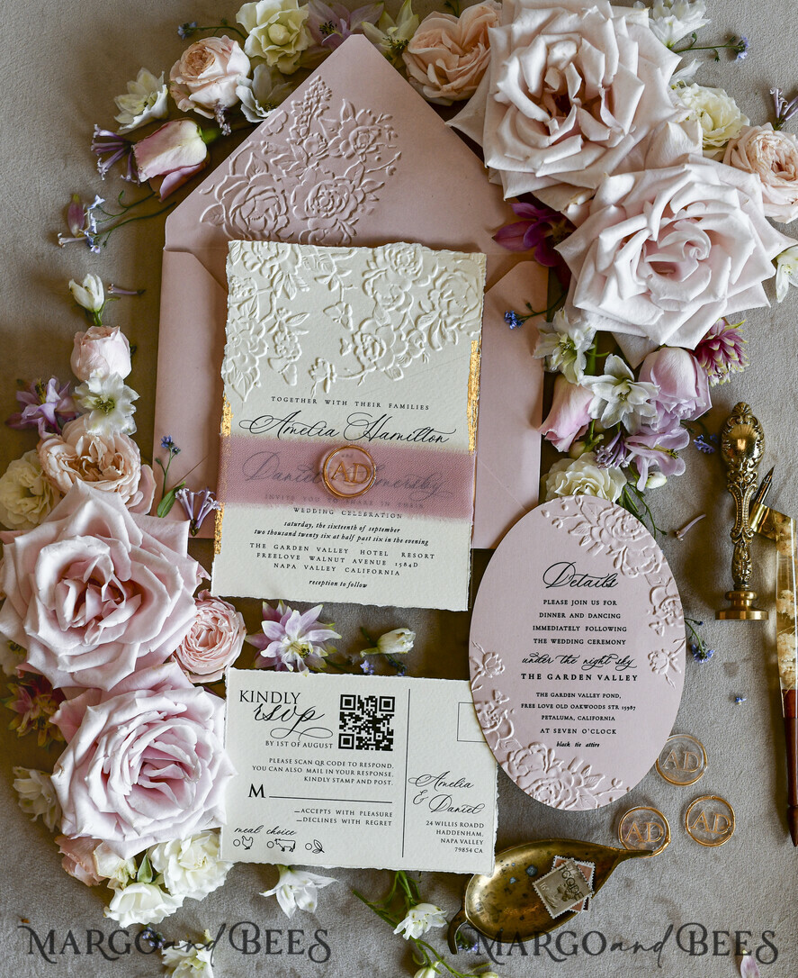 WEDDING INVITATIONS embossed invites Blush Pink Wedding Invitations – Embossed Floral Invitations with Chiffon Ribbon, Deckled Edges, Wax Seal