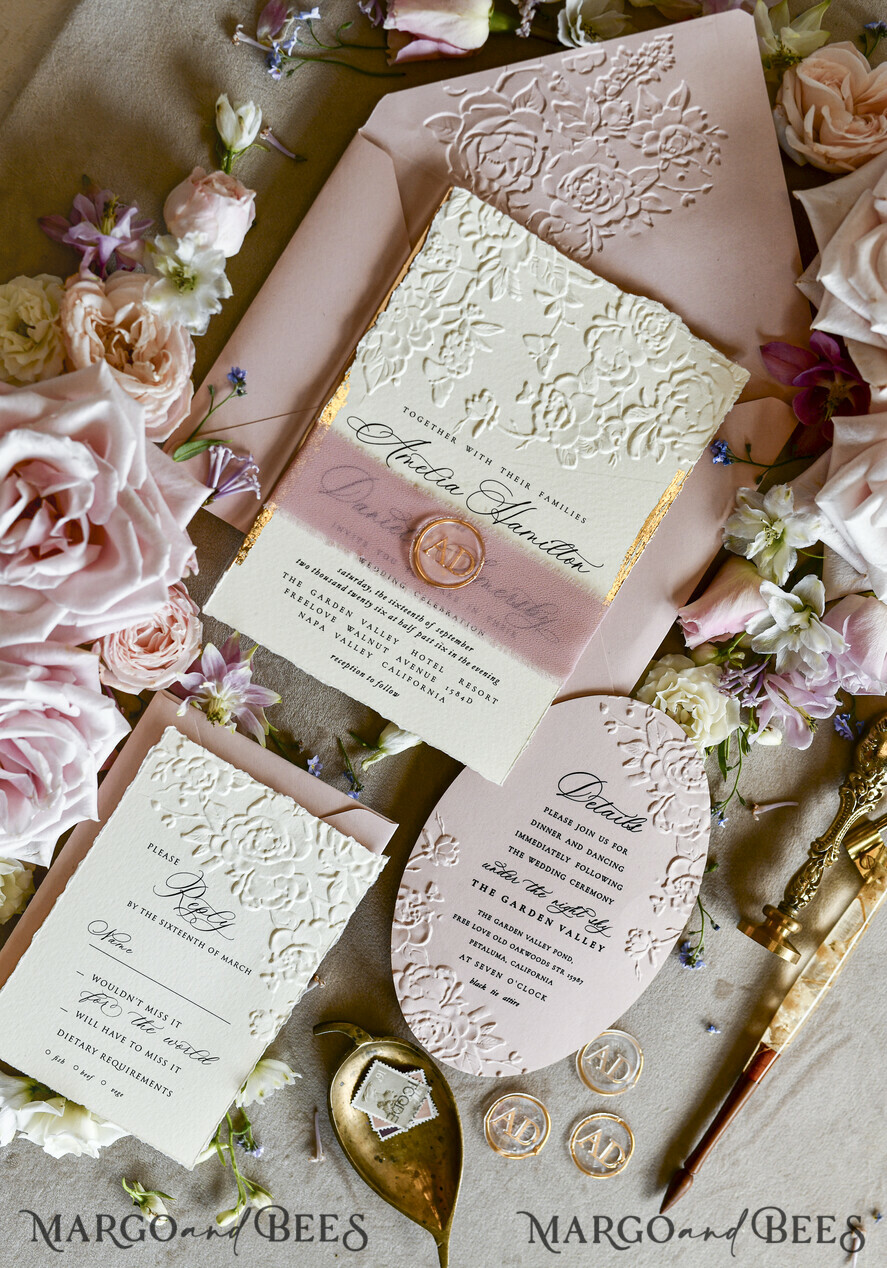 WEDDING INVITATIONS embossed invites Blush Pink Wedding Invitations – Embossed Floral Invitations with Chiffon Ribbon, Deckled Edges, Wax Seal