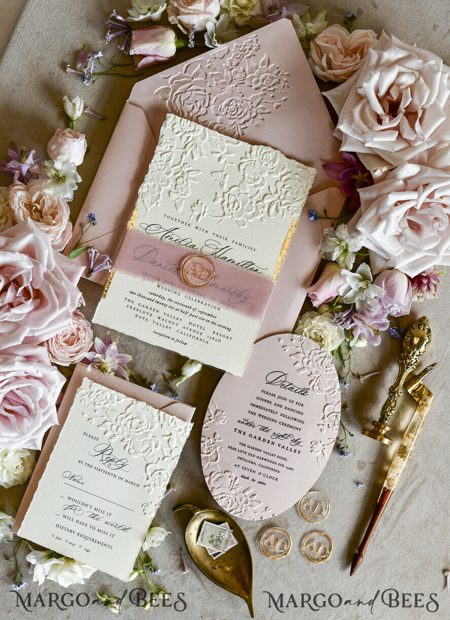 WEDDING INVITATIONS embossed invites Blush Pink Wedding Invitations – Embossed Floral Invitations with Chiffon Ribbon, Deckled Edges, Wax Seal