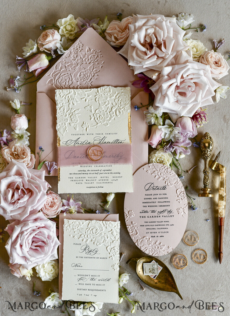 WEDDING INVITATIONS embossed invites Blush Pink Wedding Invitations – Embossed Floral Invitations with Chiffon Ribbon, Deckled Edges, Wax Seal
