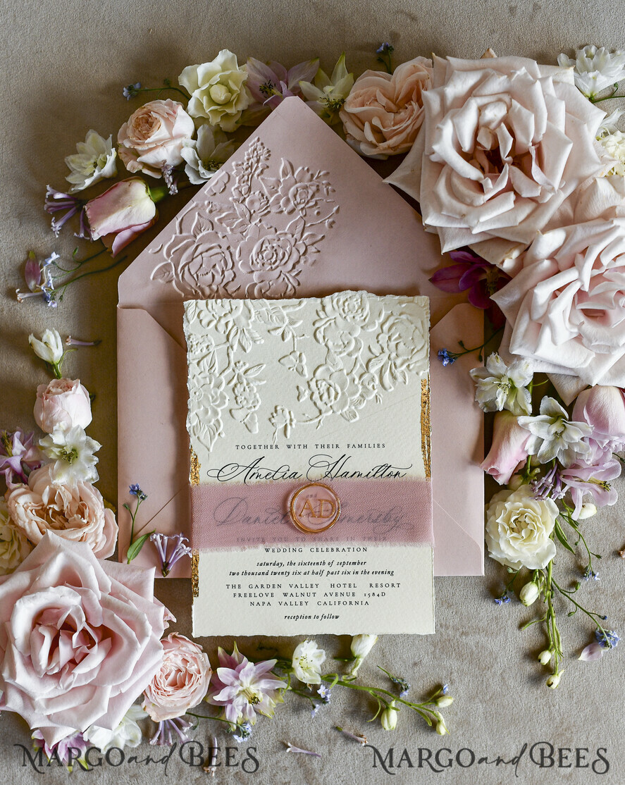 WEDDING INVITATIONS embossed invites Blush Pink Wedding Invitations – Embossed Floral Invitations with Chiffon Ribbon, Deckled Edges, Wax Seal