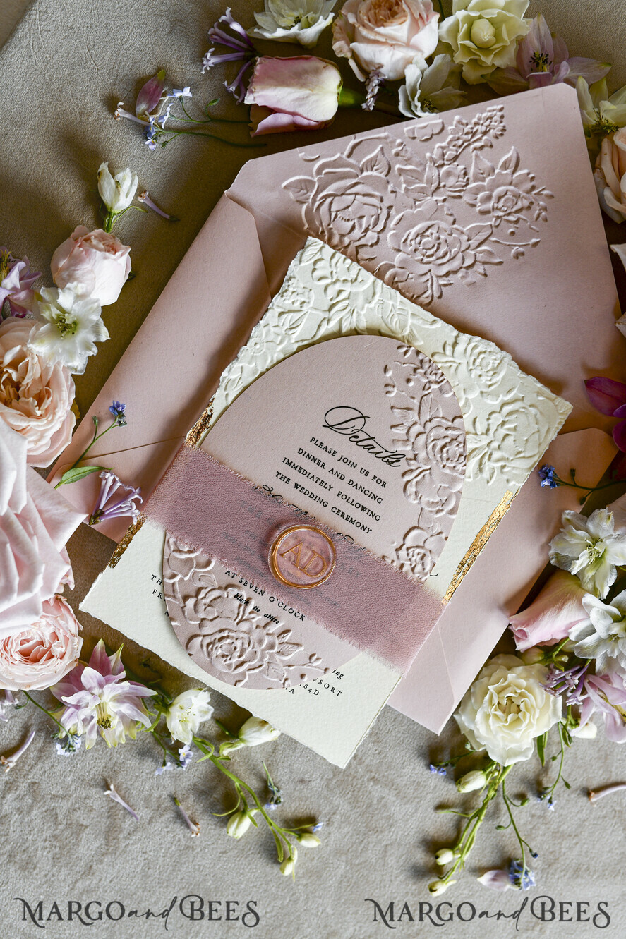 WEDDING INVITATIONS embossed invites Blush Pink Wedding Invitations – Embossed Floral Invitations with Chiffon Ribbon, Deckled Edges, Wax Seal