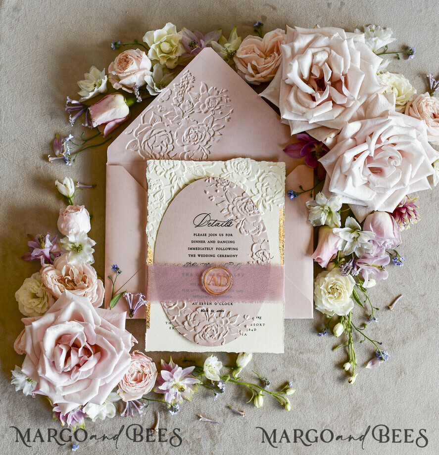 WEDDING INVITATIONS embossed invites Blush Pink Wedding Invitations – Embossed Floral Invitations with Chiffon Ribbon, Deckled Edges, Wax Seal