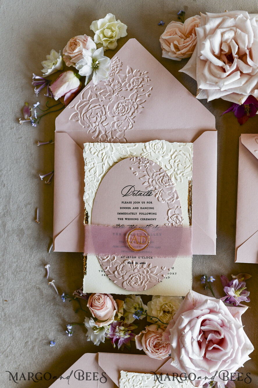 WEDDING INVITATIONS embossed invites Blush Pink Wedding Invitations – Embossed Floral Invitations with Chiffon Ribbon, Deckled Edges, Wax Seal