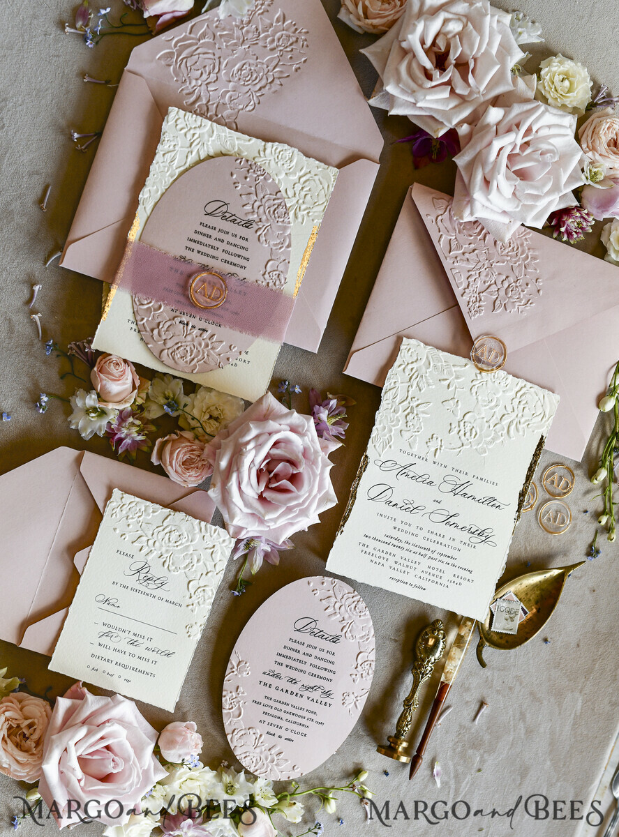 WEDDING INVITATIONS embossed invites Blush Pink Wedding Invitations – Embossed Floral Invitations with Chiffon Ribbon, Deckled Edges, Wax Seal