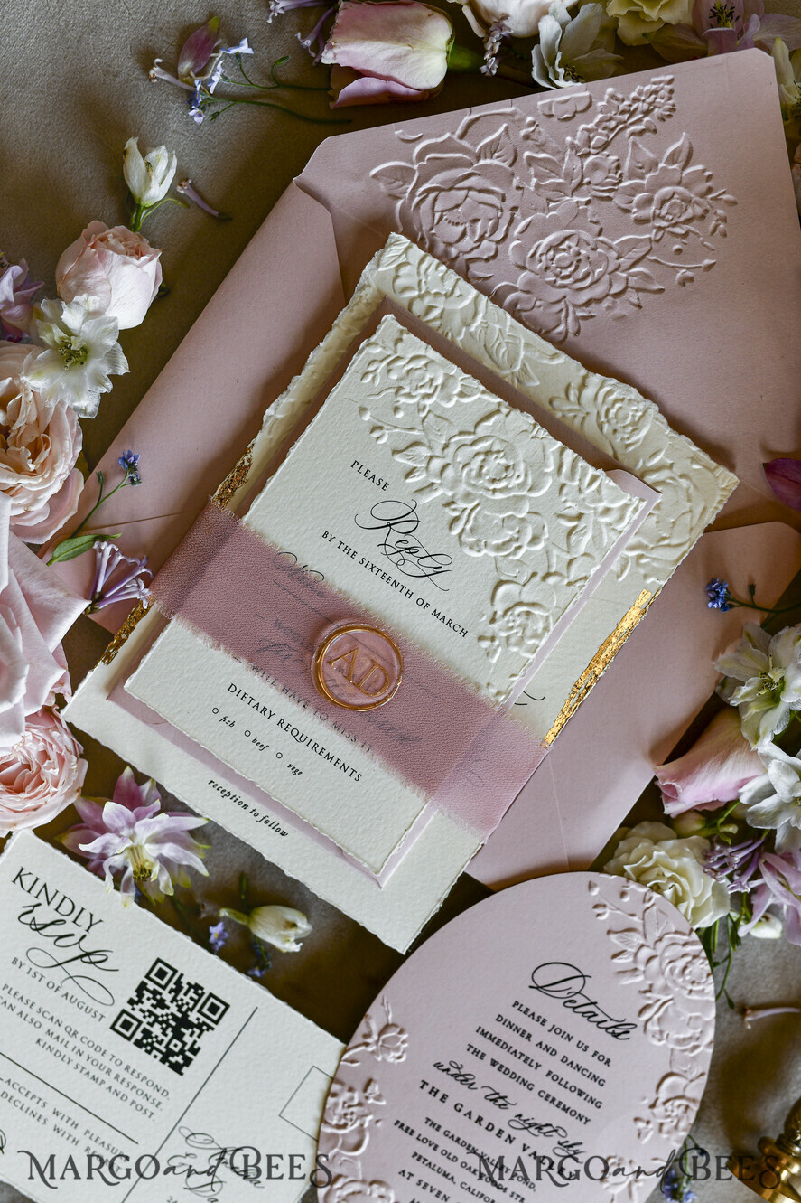 WEDDING INVITATIONS embossed invites Blush Pink Wedding Invitations – Embossed Floral Invitations with Chiffon Ribbon, Deckled Edges, Wax Seal