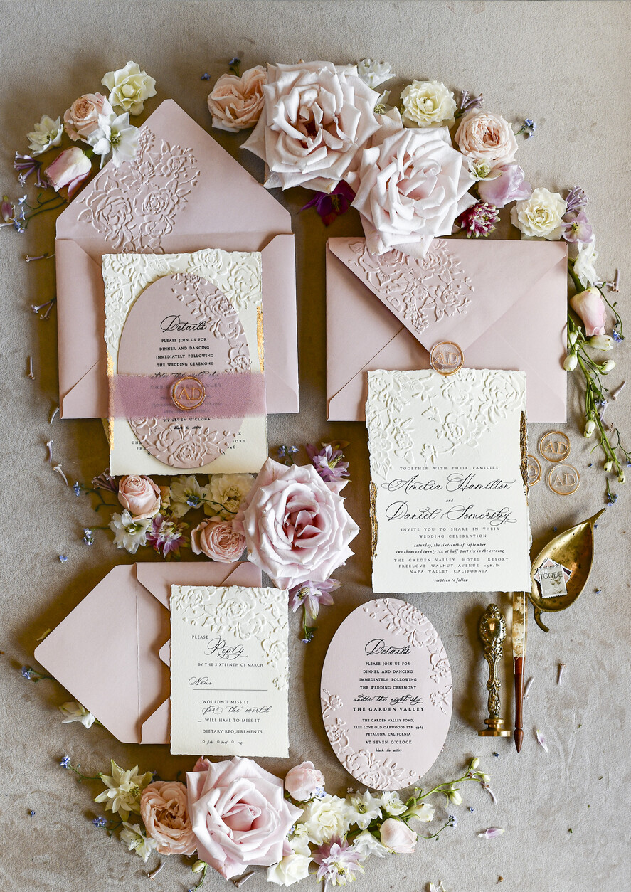 WEDDING INVITATIONS embossed invites Blush Pink Wedding Invitations – Embossed Floral Invitations with Chiffon Ribbon, Deckled Edges, Wax Seal