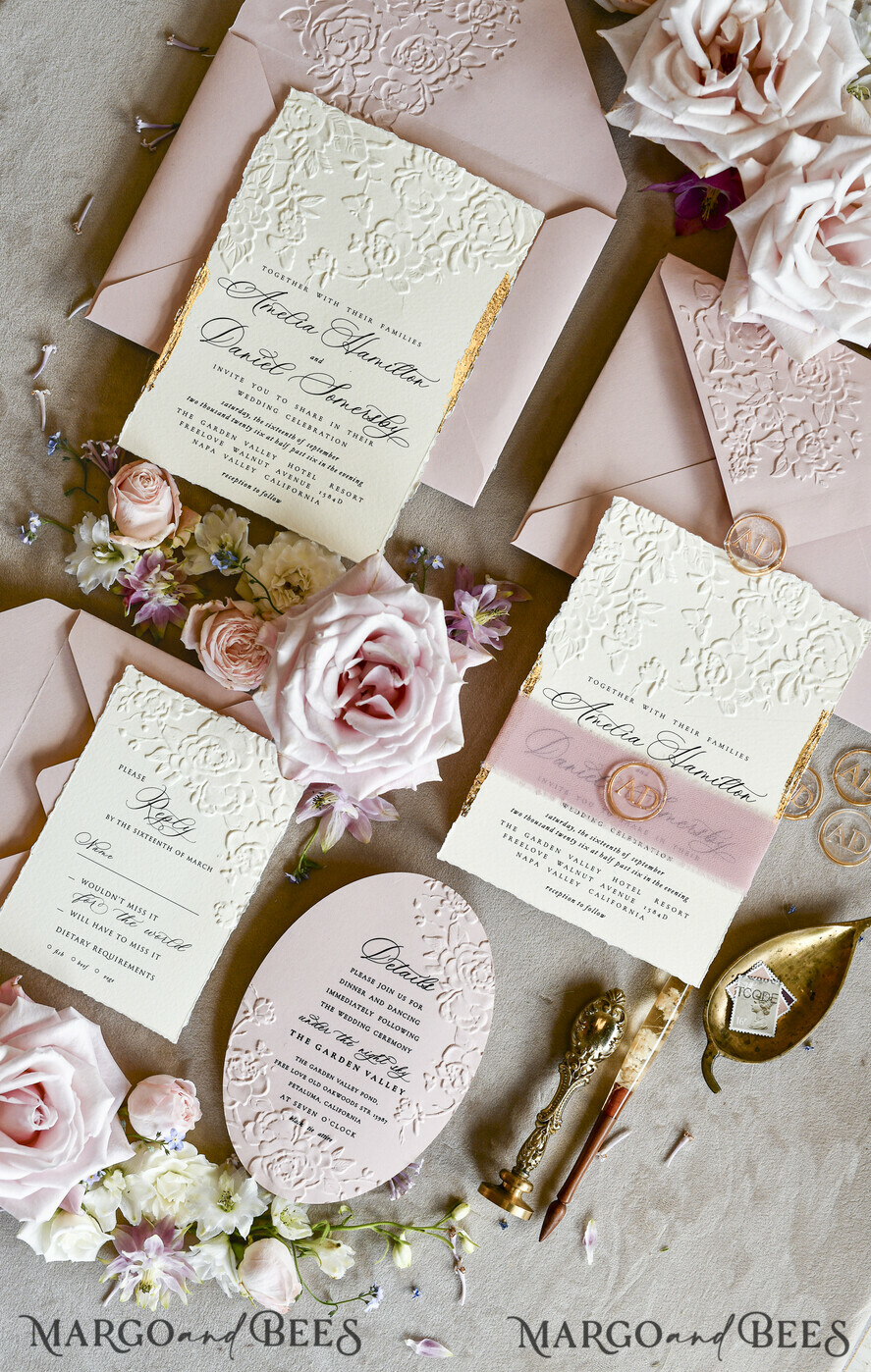 WEDDING INVITATIONS embossed invites Blush Pink Wedding Invitations – Embossed Floral Invitations with Chiffon Ribbon, Deckled Edges, Wax Seal