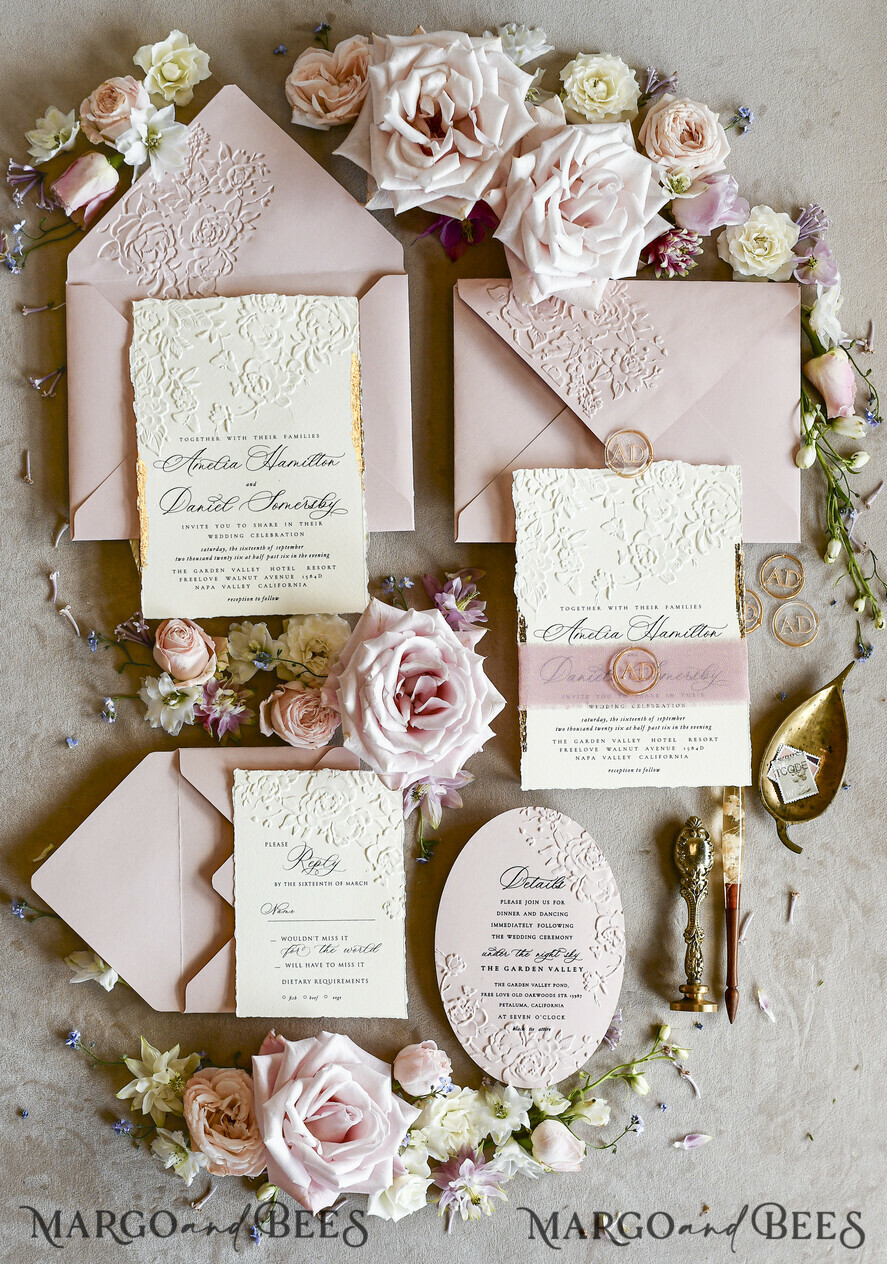 WEDDING INVITATIONS embossed invites Blush Pink Wedding Invitations – Embossed Floral Invitations with Chiffon Ribbon, Deckled Edges, Wax Seal