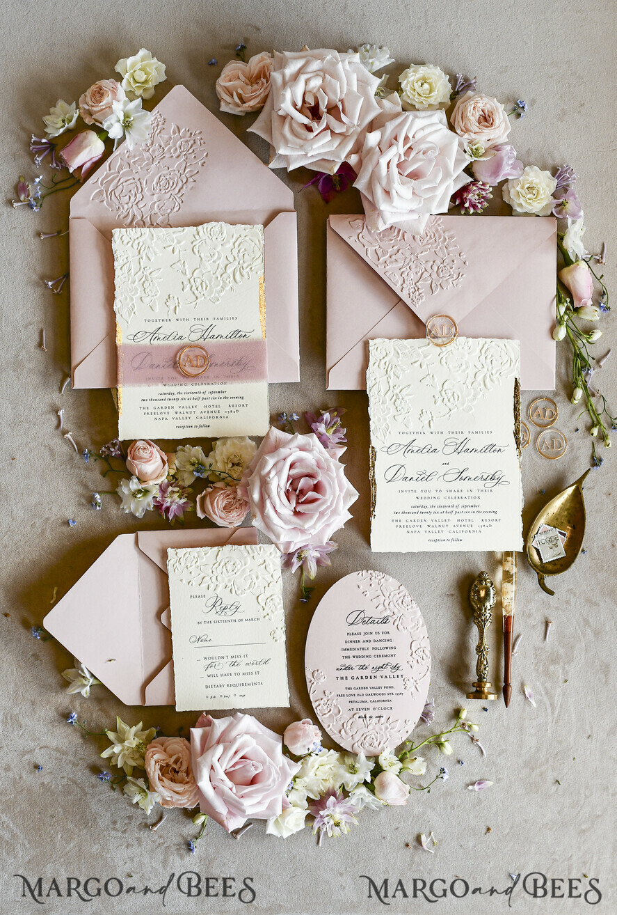 WEDDING INVITATIONS embossed invites Blush Pink Wedding Invitations – Embossed Floral Invitations with Chiffon Ribbon, Deckled Edges, Wax Seal