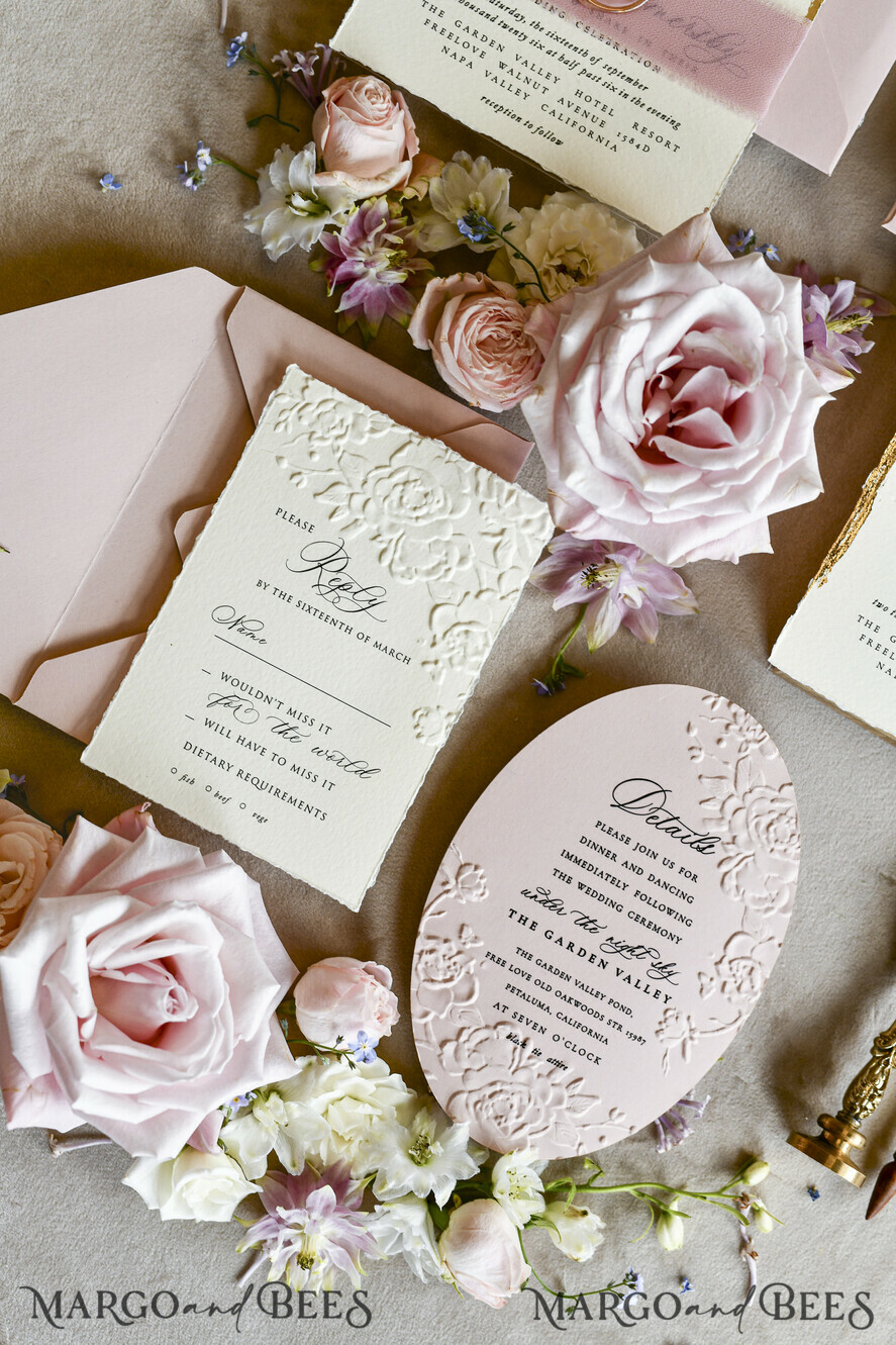 WEDDING INVITATIONS embossed invites Blush Pink Wedding Invitations – Embossed Floral Invitations with Chiffon Ribbon, Deckled Edges, Wax Seal