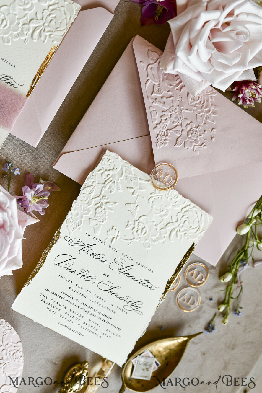 WEDDING INVITATIONS embossed invites Blush Pink Wedding Invitations – Embossed Floral Invitations with Chiffon Ribbon, Deckled Edges, Wax Seal