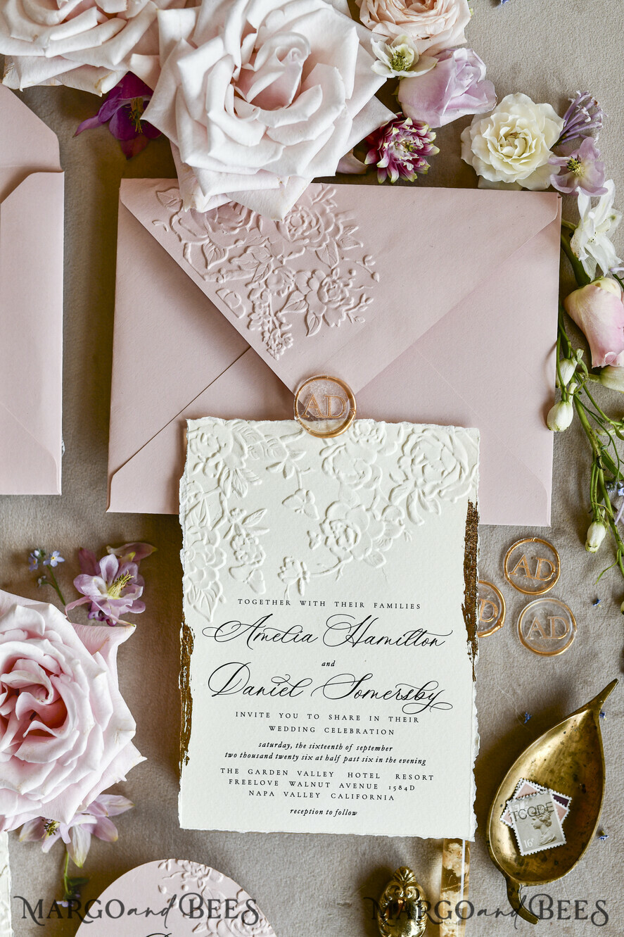 WEDDING INVITATIONS embossed invites Blush Pink Wedding Invitations – Embossed Floral Invitations with Chiffon Ribbon, Deckled Edges, Wax Seal