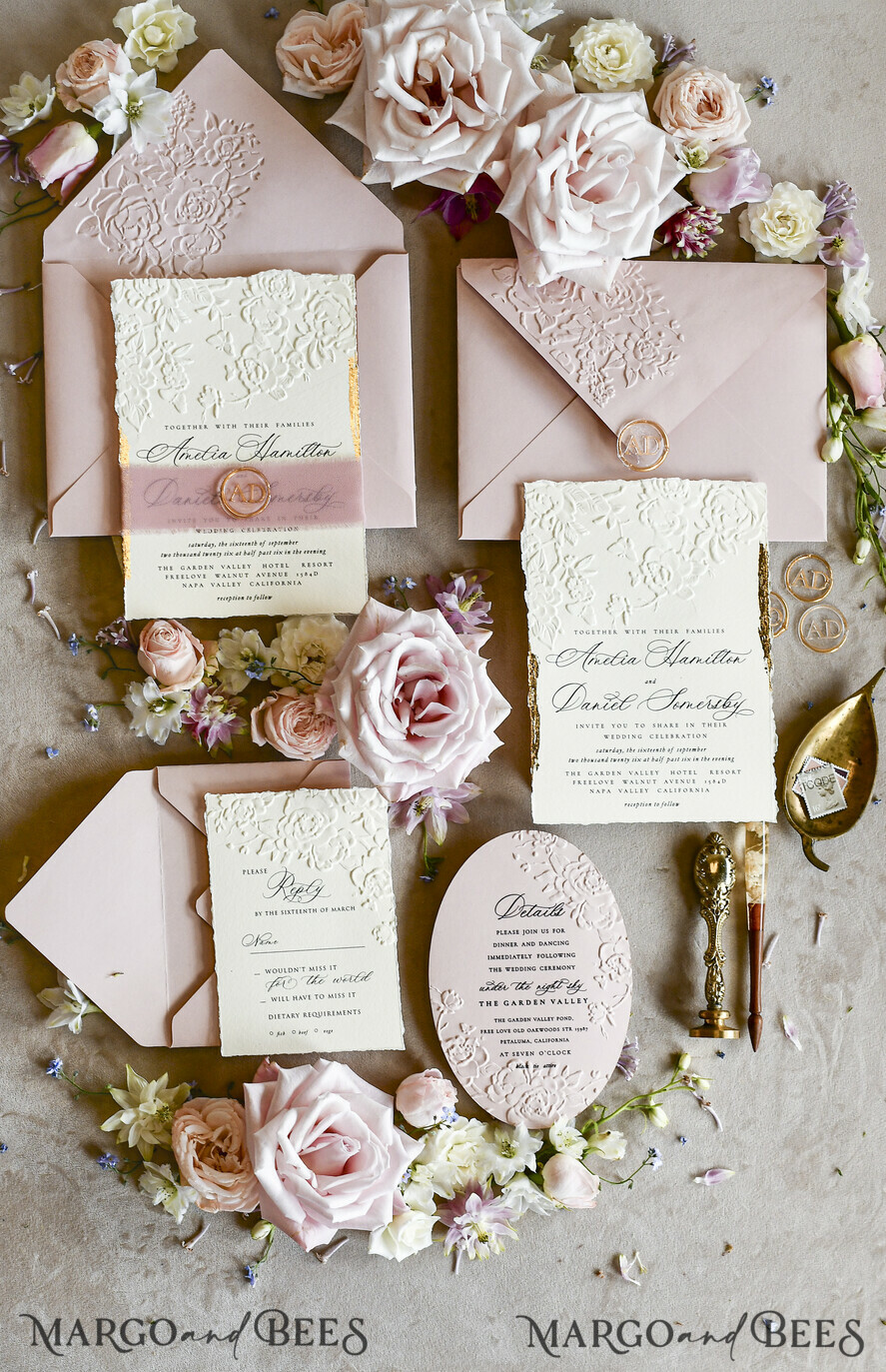 WEDDING INVITATIONS embossed invites Blush Pink Wedding Invitations – Embossed Floral Invitations with Chiffon Ribbon, Deckled Edges, Wax Seal