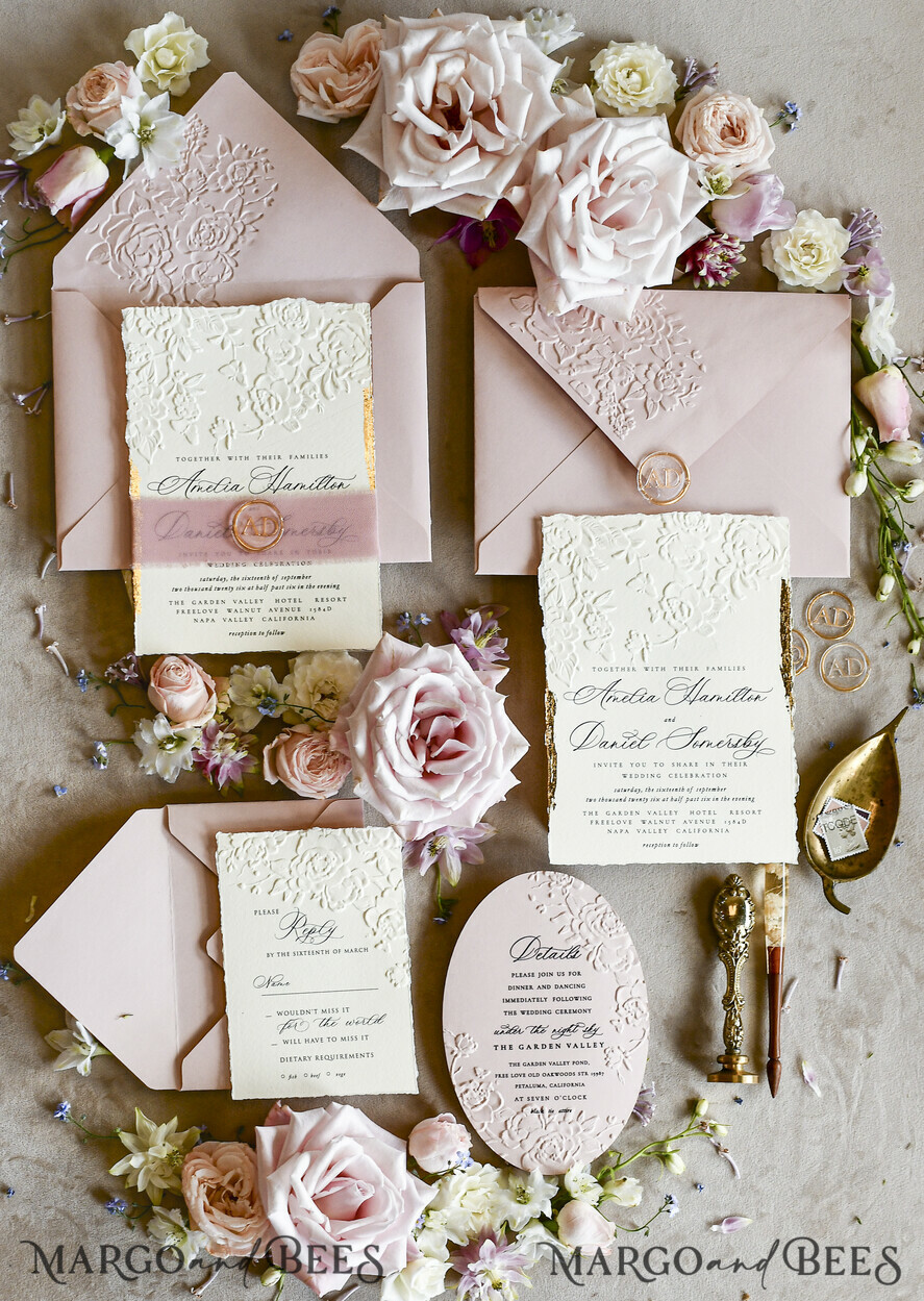 WEDDING INVITATIONS embossed invites Blush Pink Wedding Invitations – Embossed Floral Invitations with Chiffon Ribbon, Deckled Edges, Wax Seal