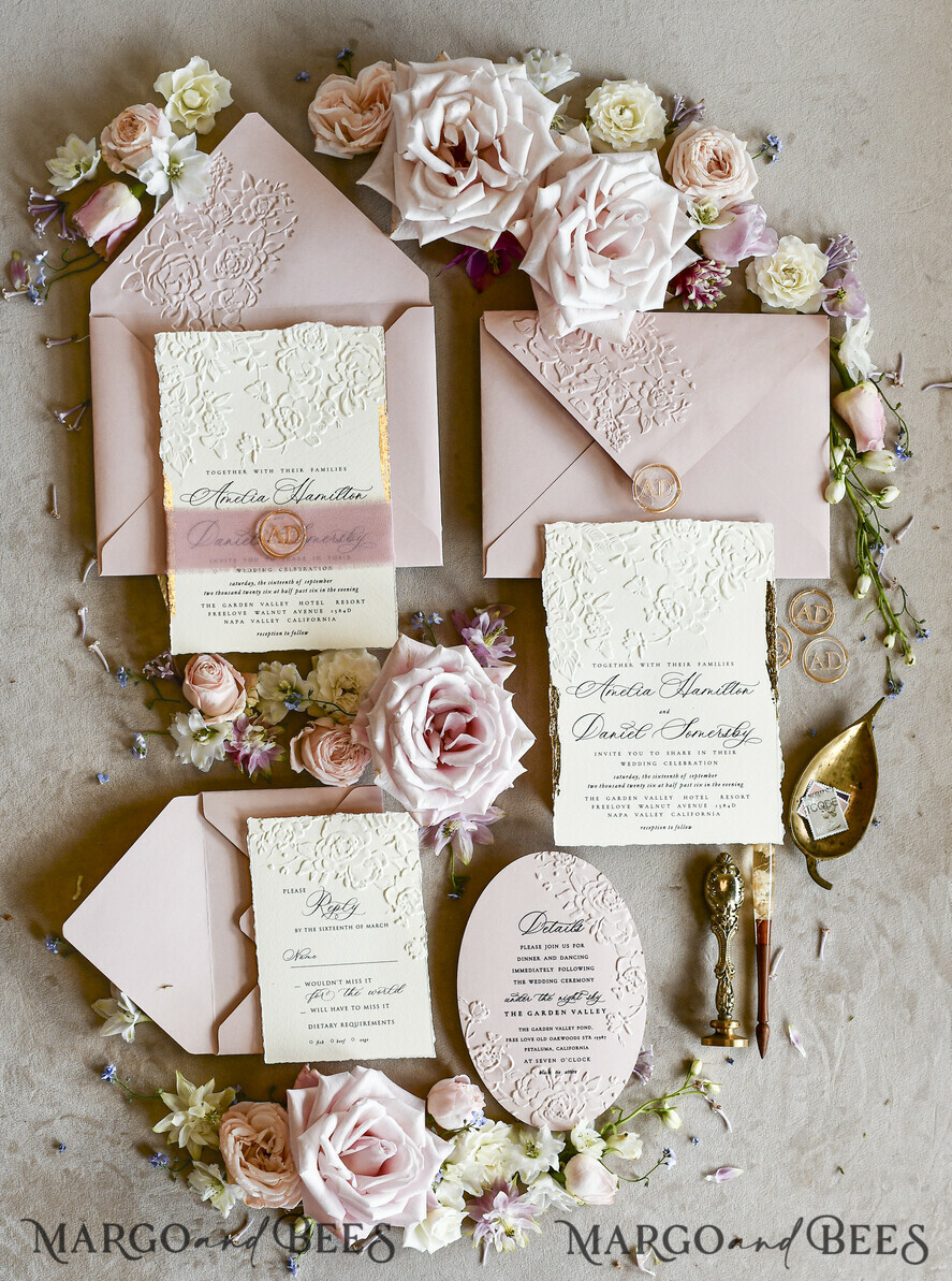 WEDDING INVITATIONS embossed invites Blush Pink Wedding Invitations – Embossed Floral Invitations with Chiffon Ribbon, Deckled Edges, Wax Seal