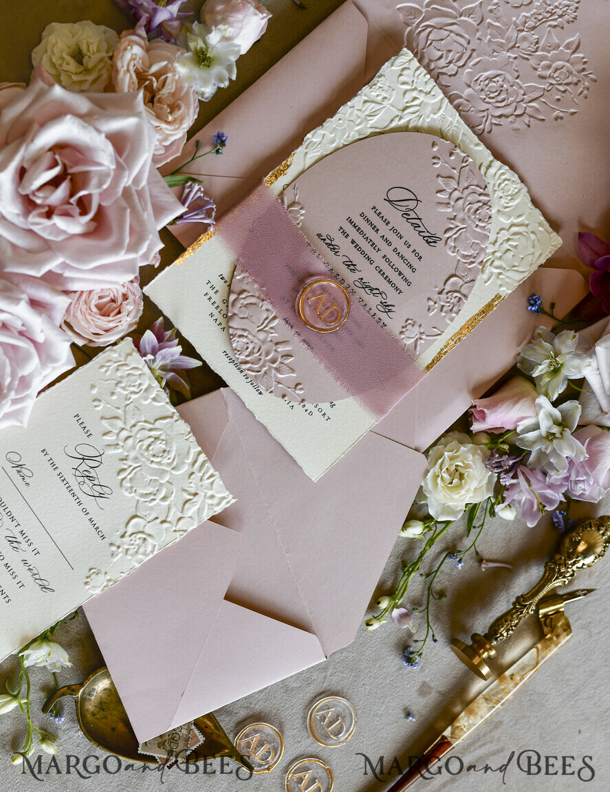 WEDDING INVITATIONS embossed invites Blush Pink Wedding Invitations – Embossed Floral Invitations with Chiffon Ribbon, Deckled Edges, Wax Seal