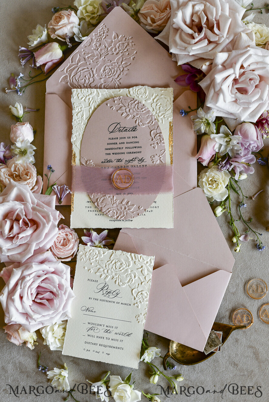 WEDDING INVITATIONS embossed invites Blush Pink Wedding Invitations – Embossed Floral Invitations with Chiffon Ribbon, Deckled Edges, Wax Seal