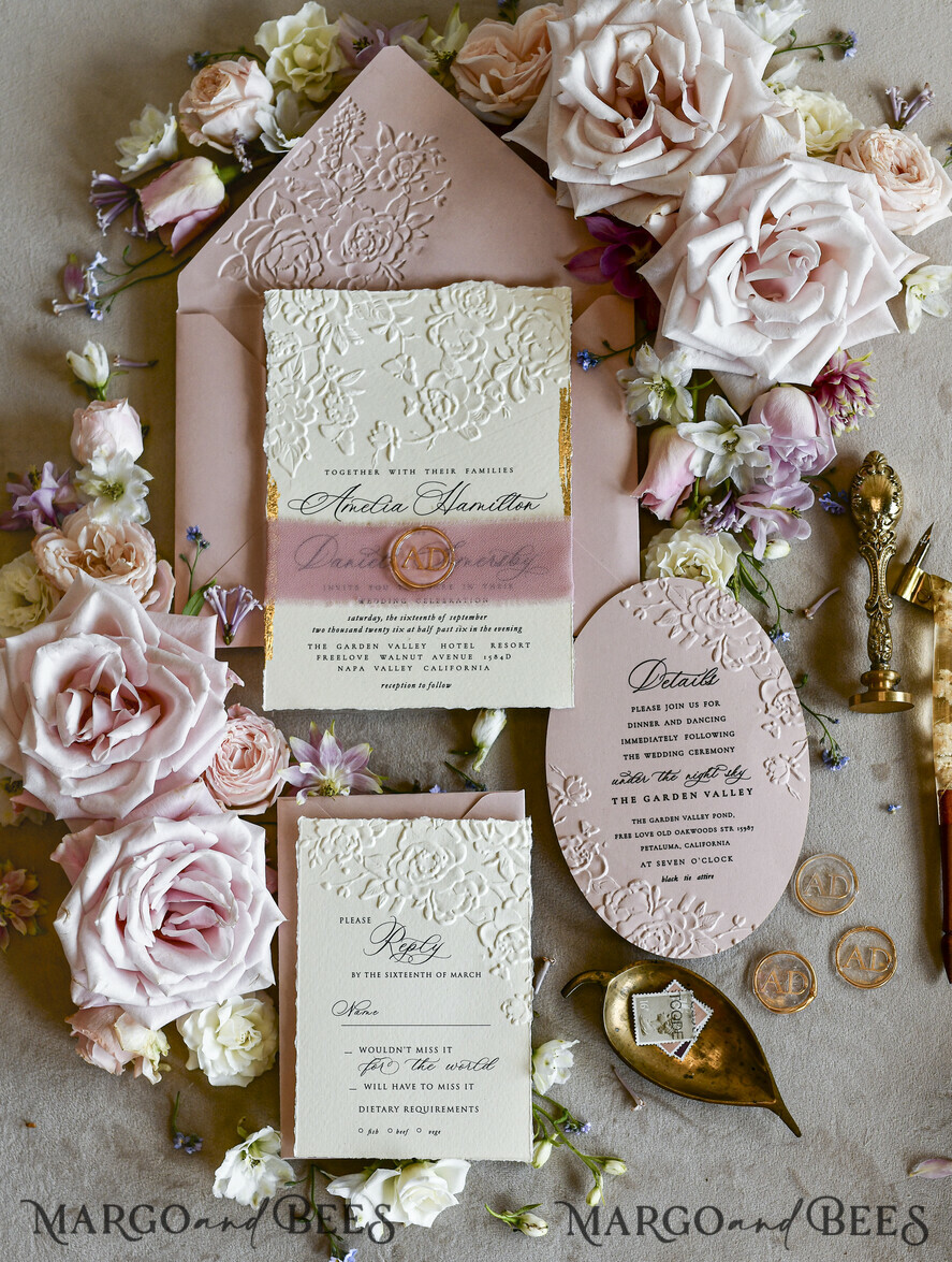 WEDDING INVITATIONS embossed invites Blush Pink Wedding Invitations – Embossed Floral Invitations with Chiffon Ribbon, Deckled Edges, Wax Seal