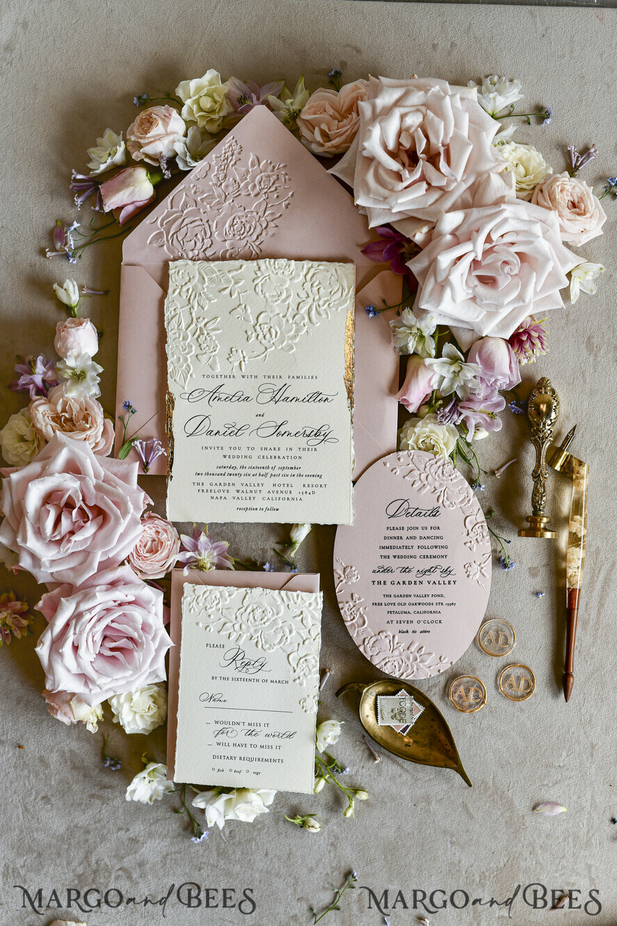 WEDDING INVITATIONS embossed invites Blush Pink Wedding Invitations – Embossed Floral Invitations with Chiffon Ribbon, Deckled Edges, Wax Seal