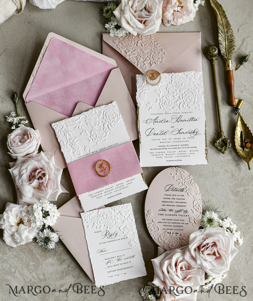 WEDDING INVITATIONS embossed invites Blush Pink Velvet Wedding Invitations – Embossed Floral Invitations with Deckled Edges, Wax Seal & Fine Art Paper