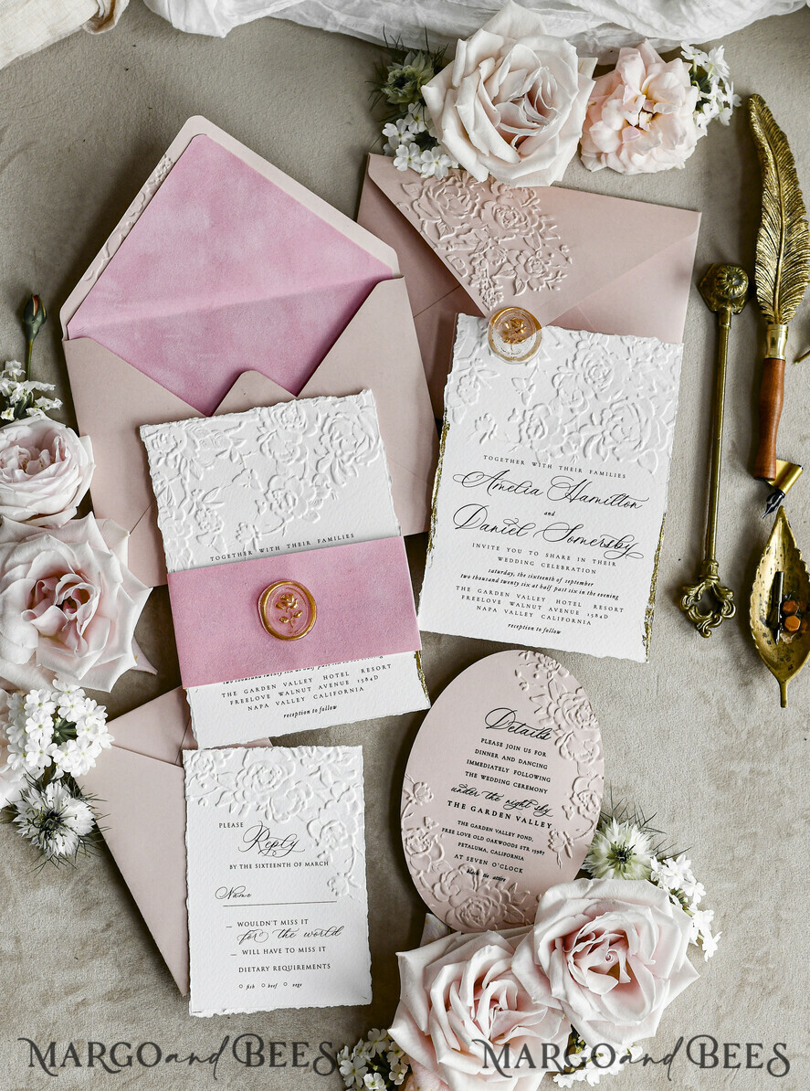 WEDDING INVITATIONS embossed invites Blush Pink Velvet Wedding Invitations – Embossed Floral Invitations with Deckled Edges, Wax Seal & Fine Art Paper