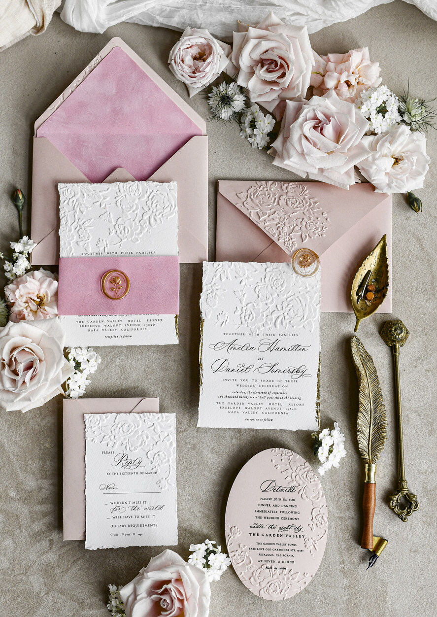 WEDDING INVITATIONS embossed invites Blush Pink Velvet Wedding Invitations – Embossed Floral Invitations with Deckled Edges, Wax Seal & Fine Art Paper