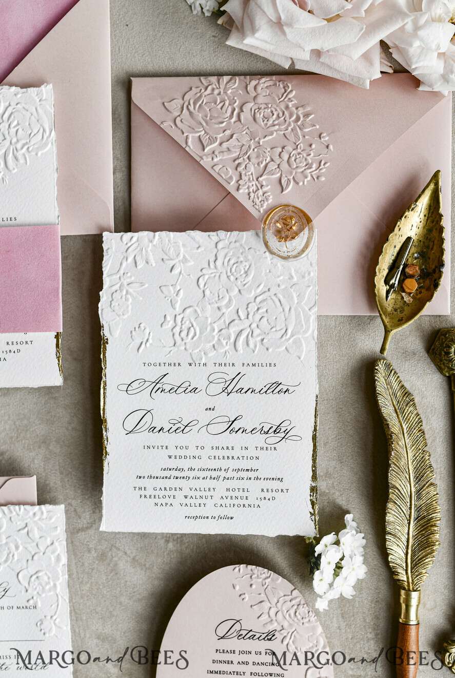 WEDDING INVITATIONS embossed invites Blush Pink Velvet Wedding Invitations – Embossed Floral Invitations with Deckled Edges, Wax Seal & Fine Art Paper