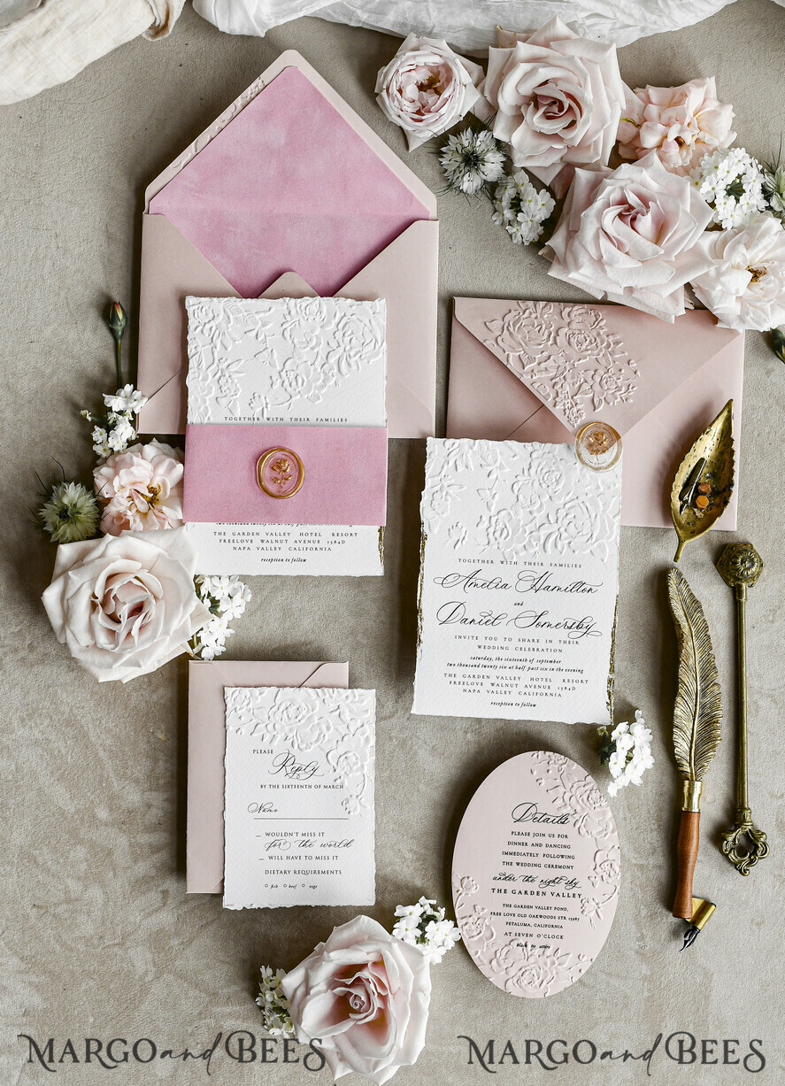 WEDDING INVITATIONS embossed invites Blush Pink Velvet Wedding Invitations – Embossed Floral Invitations with Deckled Edges, Wax Seal & Fine Art Paper