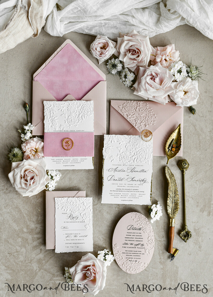 WEDDING INVITATIONS embossed invites Blush Pink Velvet Wedding Invitations – Embossed Floral Invitations with Deckled Edges, Wax Seal & Fine Art Paper