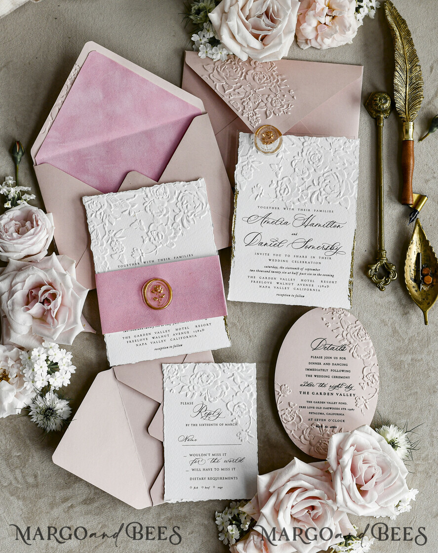 WEDDING INVITATIONS embossed invites Blush Pink Velvet Wedding Invitations – Embossed Floral Invitations with Deckled Edges, Wax Seal & Fine Art Paper