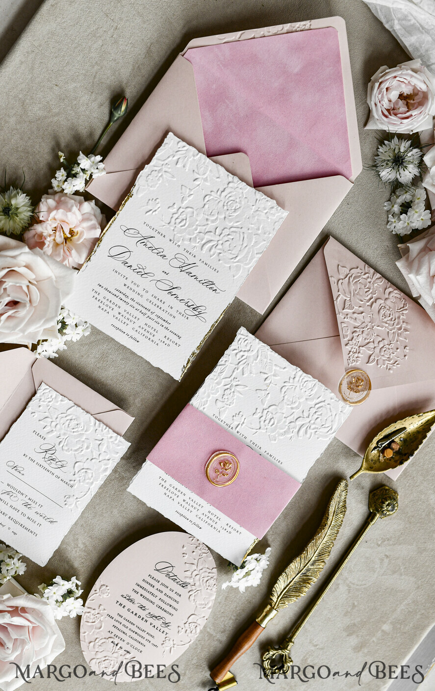WEDDING INVITATIONS embossed invites Blush Pink Velvet Wedding Invitations – Embossed Floral Invitations with Deckled Edges, Wax Seal & Fine Art Paper