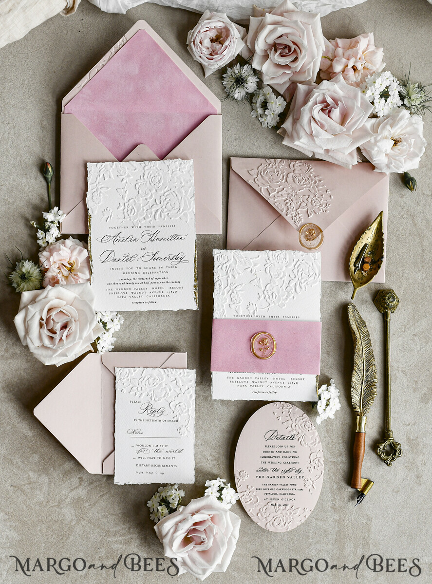 WEDDING INVITATIONS embossed invites Blush Pink Velvet Wedding Invitations – Embossed Floral Invitations with Deckled Edges, Wax Seal & Fine Art Paper