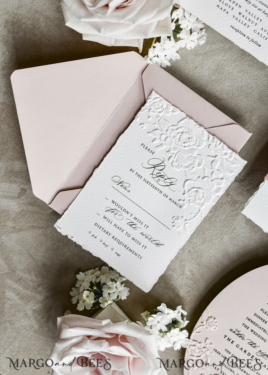 WEDDING INVITATIONS embossed invites Blush Pink Velvet Wedding Invitations – Embossed Floral Invitations with Deckled Edges, Wax Seal & Fine Art Paper
