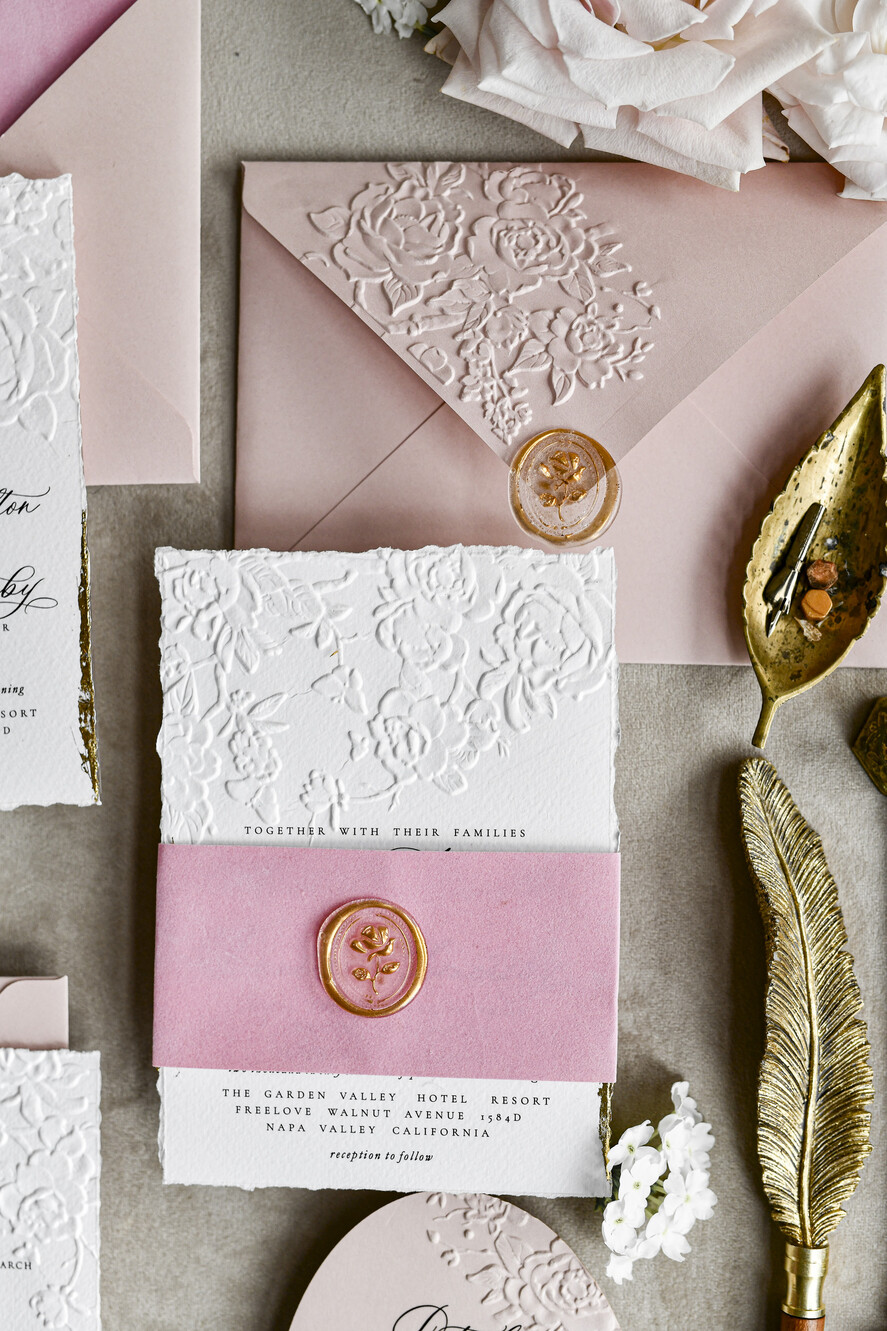 WEDDING INVITATIONS embossed invites Blush Pink Velvet Wedding Invitations – Embossed Floral Invitations with Deckled Edges, Wax Seal & Fine Art Paper