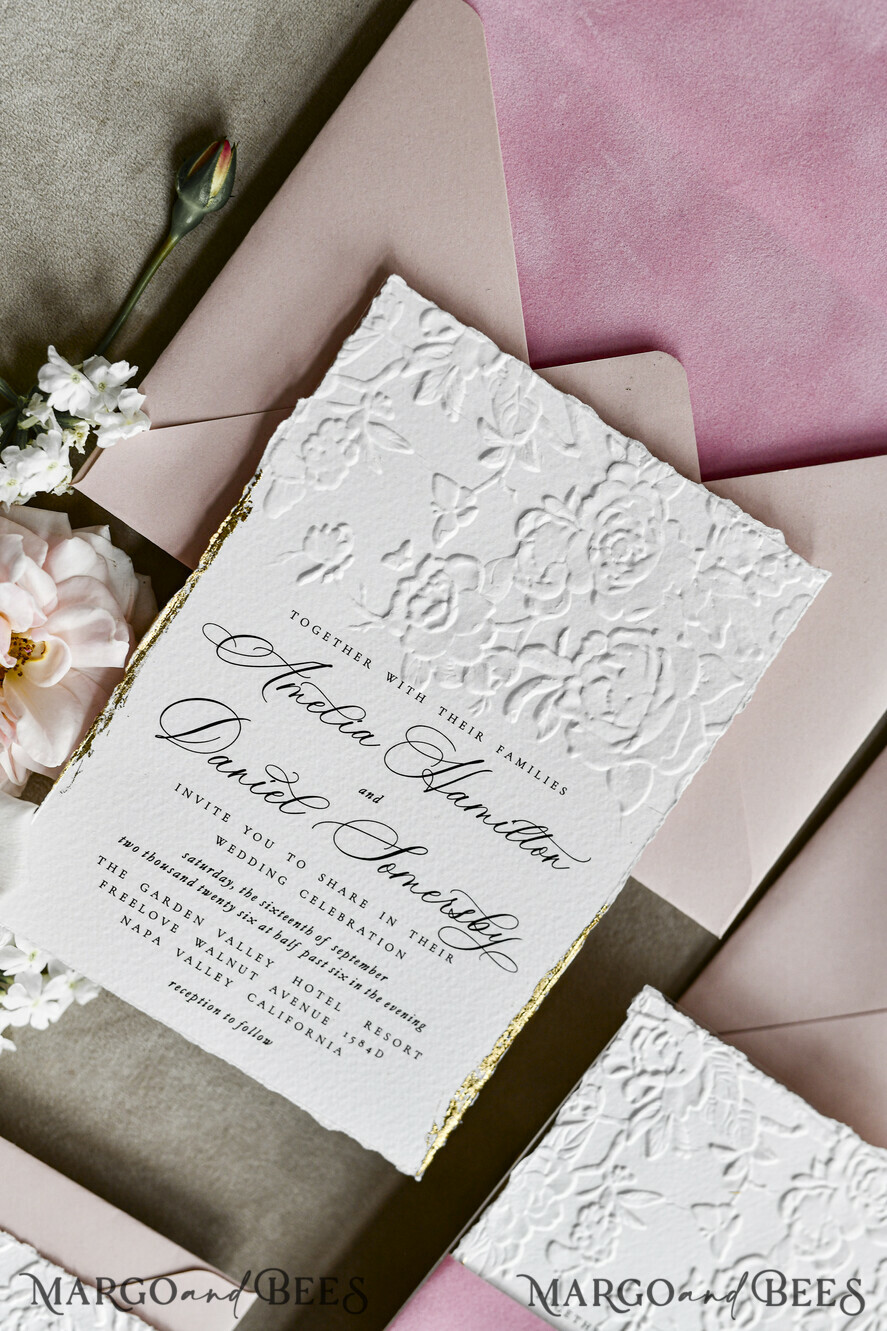 WEDDING INVITATIONS embossed invites Blush Pink Velvet Wedding Invitations – Embossed Floral Invitations with Deckled Edges, Wax Seal & Fine Art Paper