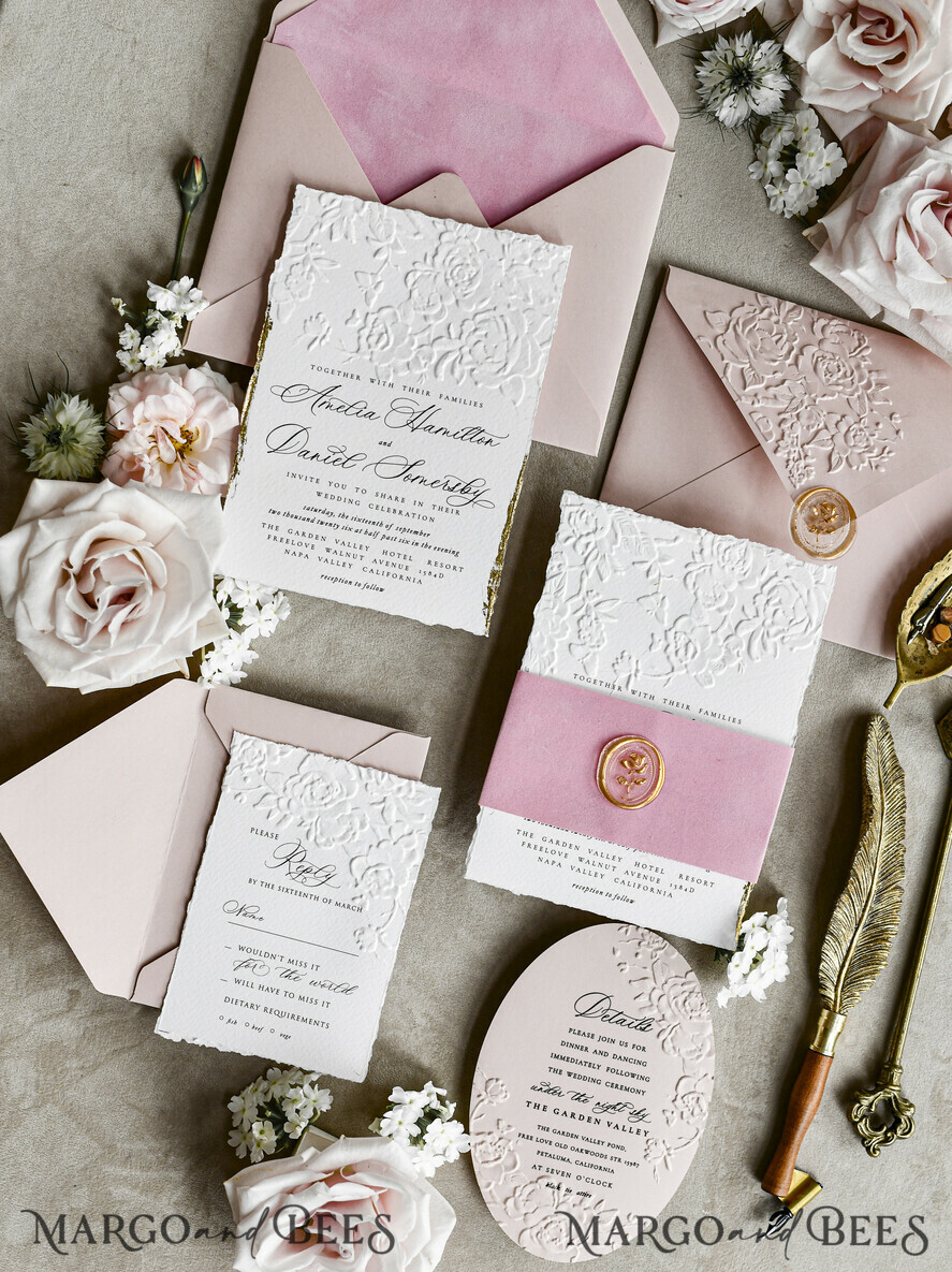 WEDDING INVITATIONS embossed invites Blush Pink Velvet Wedding Invitations – Embossed Floral Invitations with Deckled Edges, Wax Seal & Fine Art Paper